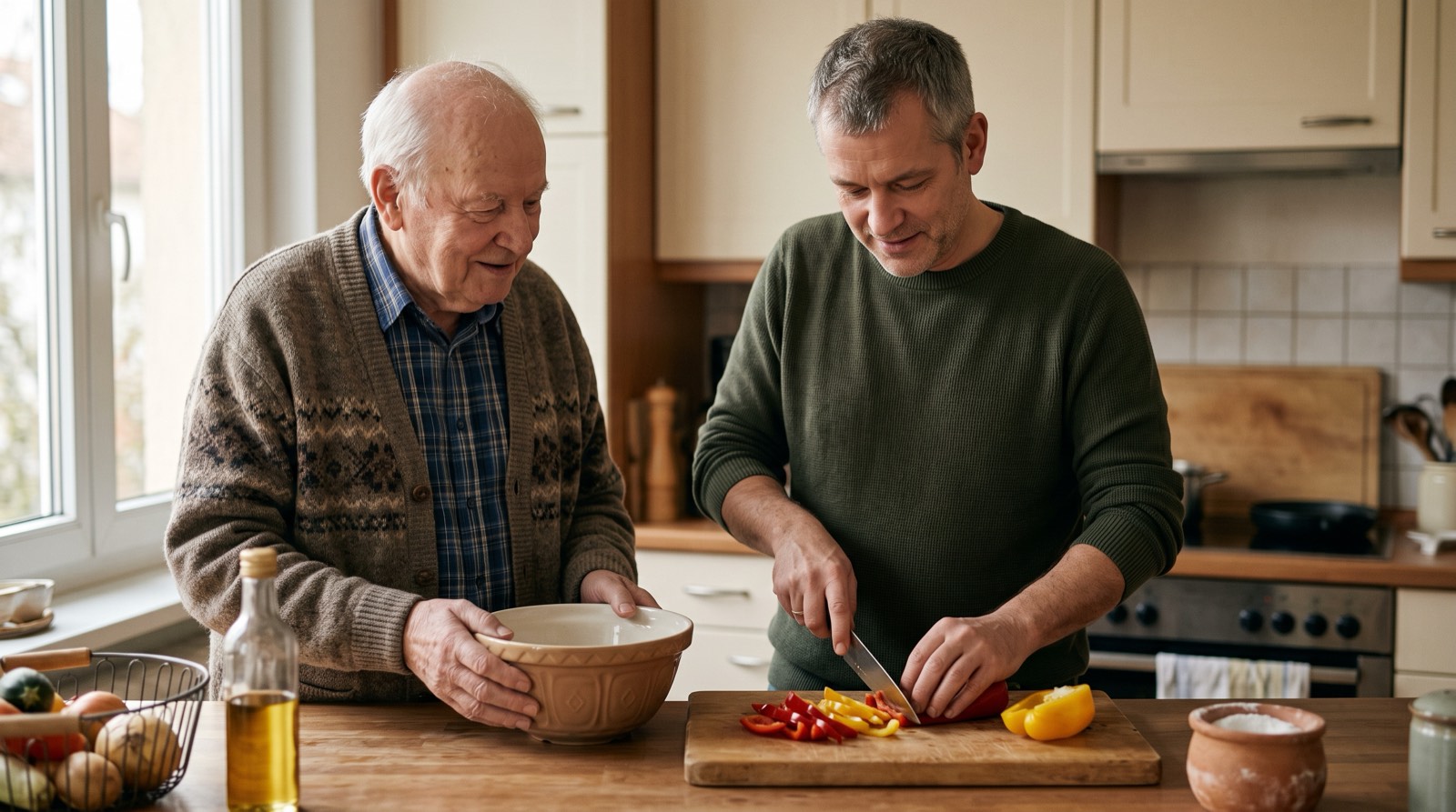 Sohn und Vater bereiten gemeinsam eine Mahlzeit zu